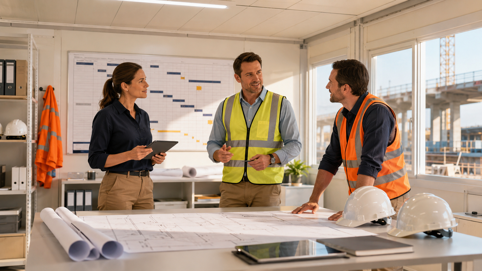 Construction site managers reviewing plans