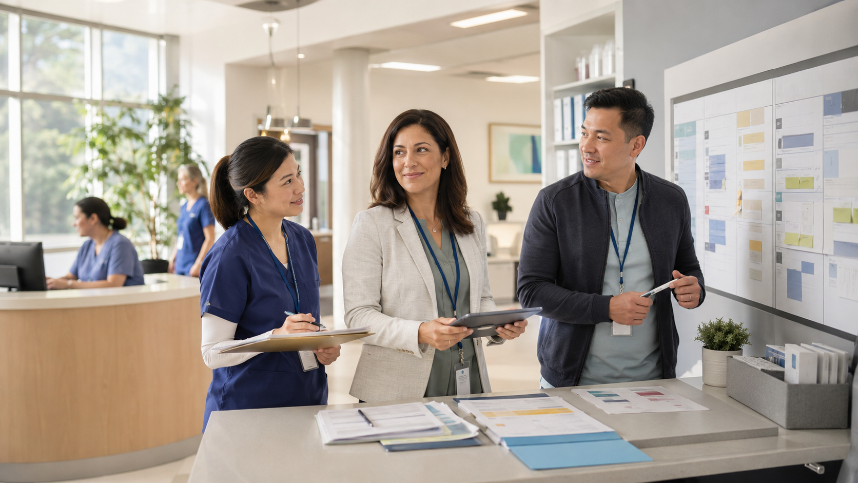 Healthcare staff at a clinic front desk