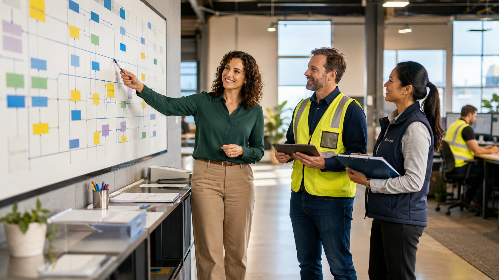A capability lead reviewing operations against a process board with staff